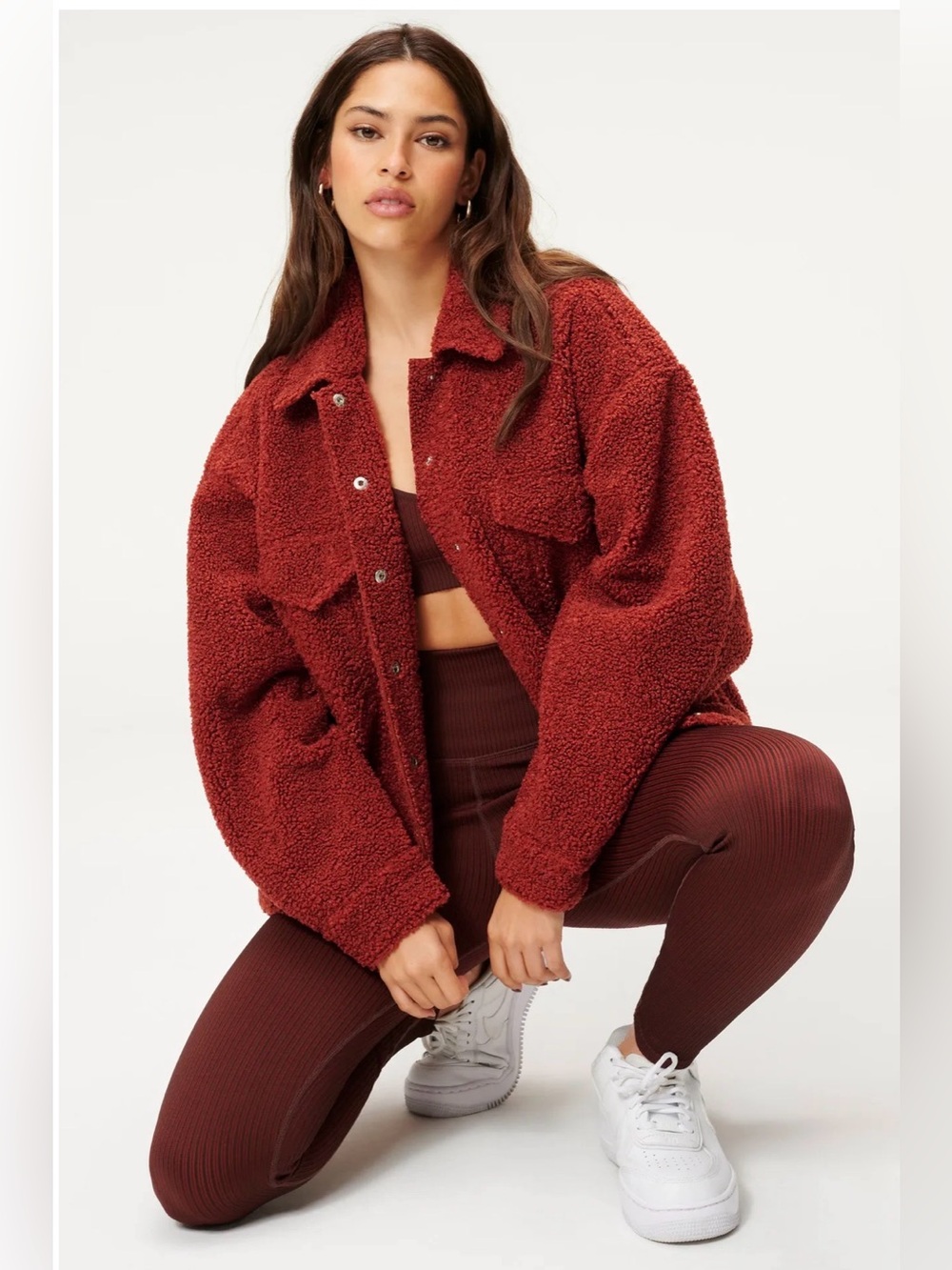 Good American Oversized Fleece Trucker Jacket Color: Brick Size: 5 (2XL)